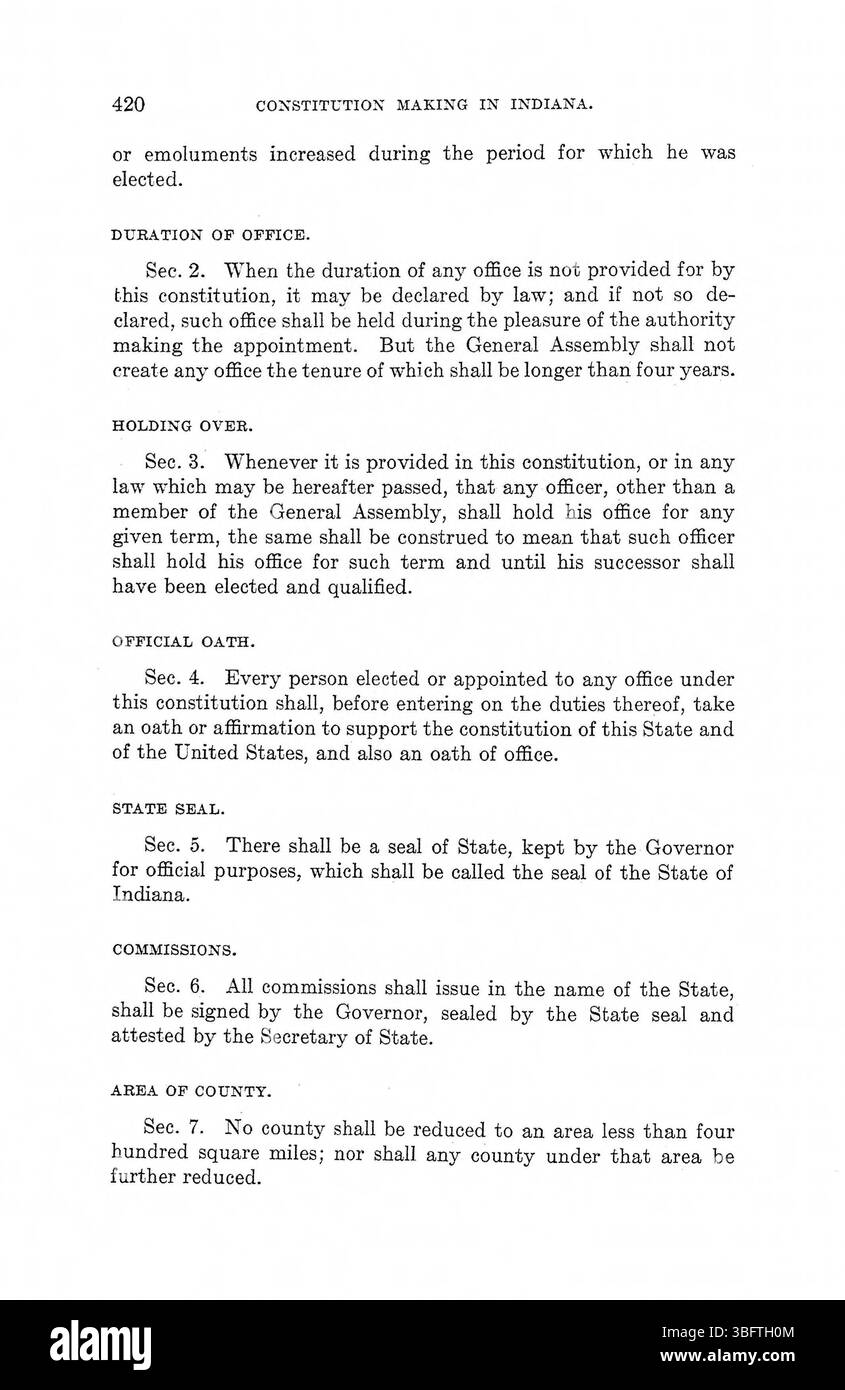 Pagina 440 di *Vol. 2, Constitution Making in Indiana* (1975) discute i processi politici coinvolti nella stesura della costituzione, compresa la formazione di organi legislativi e l'istituzione di uffici statali. Foto Stock