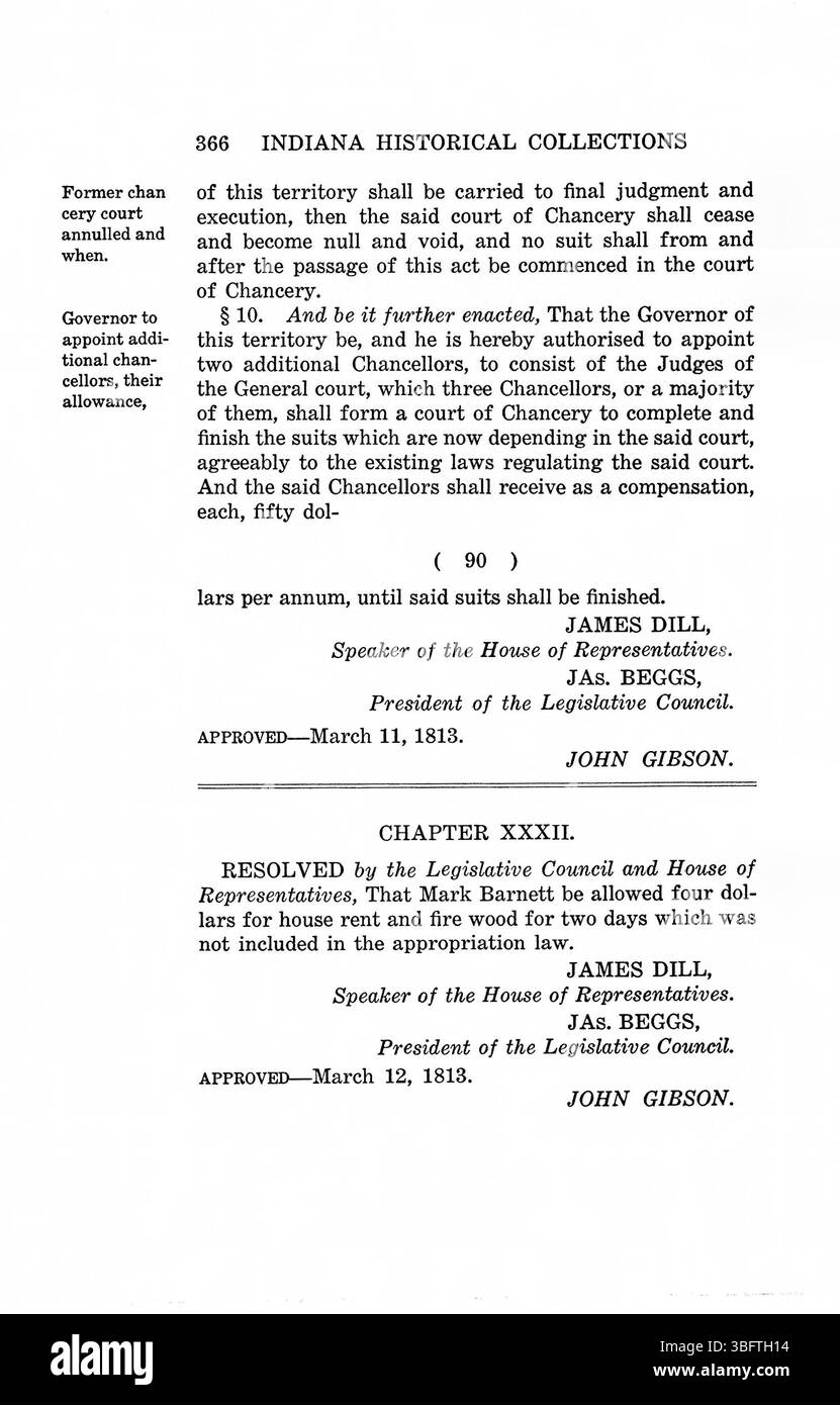 Pagina 380 di “Laws of Indiana Territory, 1809-1816” riproduce le misure legislative riguardanti l'ordine pubblico, la politica fiscale e le nomine amministrative all'interno del governo territoriale. Foto Stock