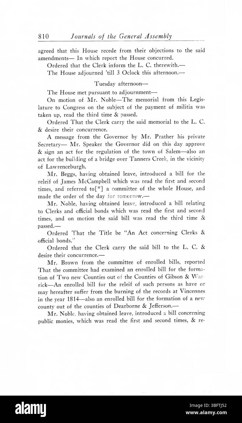 Le riviste per l'Assemblea generale del territorio dell'Indiana dal 1805 al 1815 forniscono la documentazione delle attività politiche e legislative, offrendo informazioni sulle prime fasi della governance e della legislazione dell'Indiana. Foto Stock