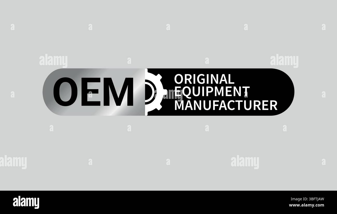 Etichetta del produttore OEM con il simbolo dell'ingranaggio in argento e nero, utilizzata per la certificazione e il branding dei componenti del prodotto Illustrazione Vettoriale