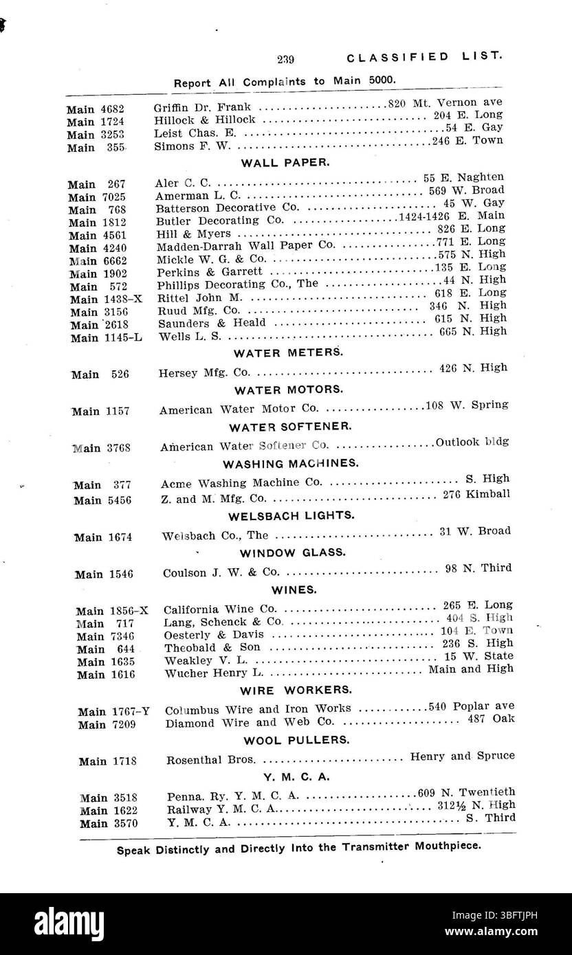 La rubrica 1906 fornisce un elenco alfabetico degli abbonati alla Central Union Telephone Company, compresi i numeri di telefono di famiglia e di lavoro a Columbus, Ohio. Foto Stock
