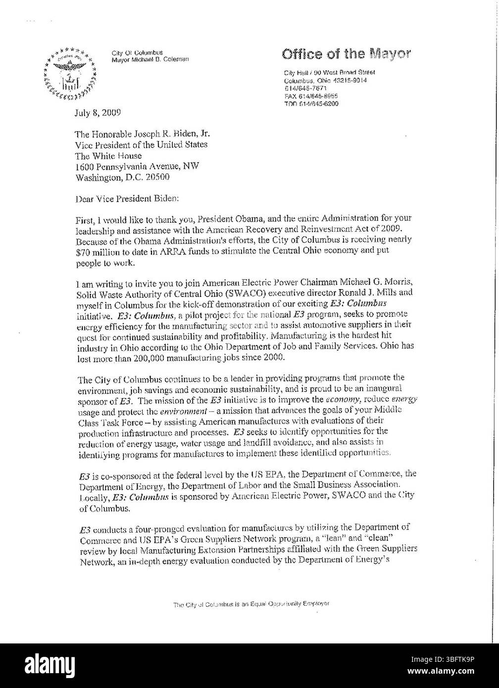 Questa pagina contiene discorsi, proclami e lettere scritti dal sindaco Coleman, la sua biografia, lettere alla First Lady Michelle Obama e il programma Columbus Hall of Fame del 2014. Foto Stock