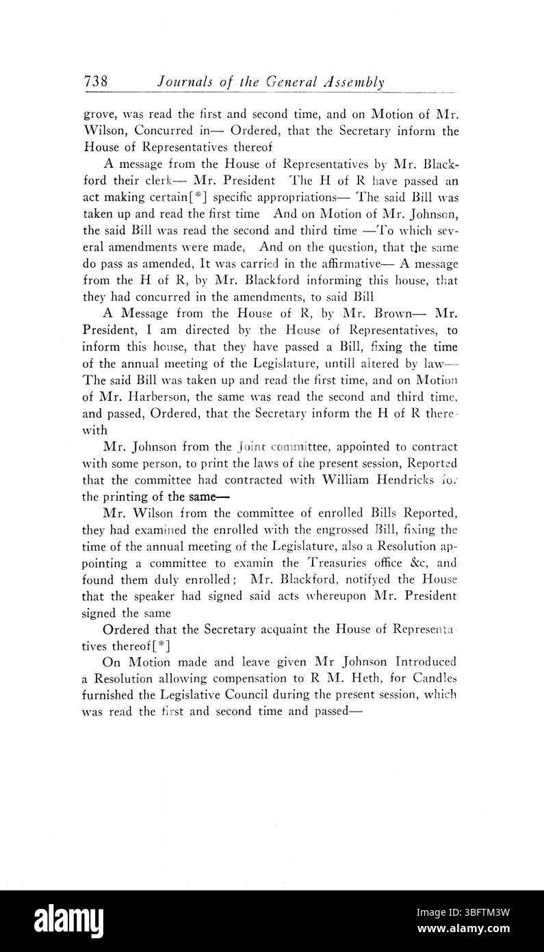 Pagina 748 delle 1805-1815 riviste dell'Assemblea generale del territorio dell'Indiana registra le principali azioni legislative e decisioni prese dall'assemblea, concentrandosi sul processo legislativo e sulla governance nel primo periodo territoriale. Foto Stock
