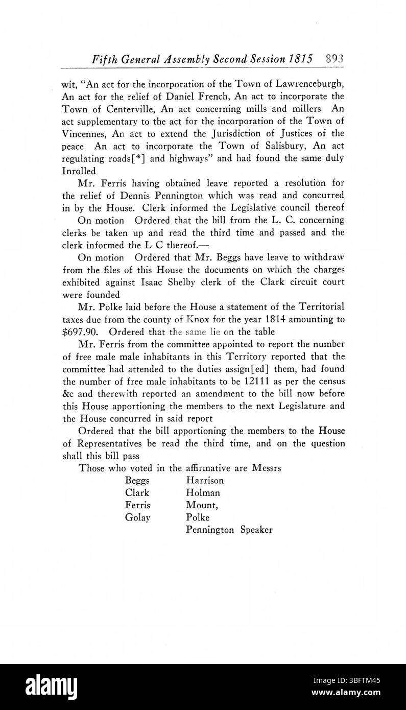 Pagina 903 dei 1805-1815 periodici dell'Assemblea generale del territorio dell'Indiana registra dibattiti legislativi e decisioni vitali per plasmare il futuro sistema politico dell'Indiana. Foto Stock
