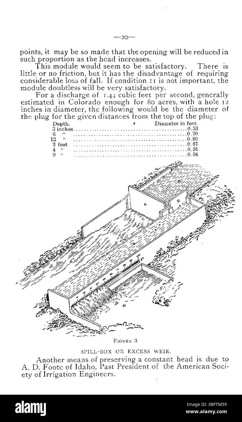 Pagina 20 di *The Measurement and Division of Water* (1894) approfondisce ulteriormente le tecniche per la divisione e la misurazione delle risorse idriche, proseguendo le discussioni della terza edizione riveduta del Bollettino n. 13. Foto Stock