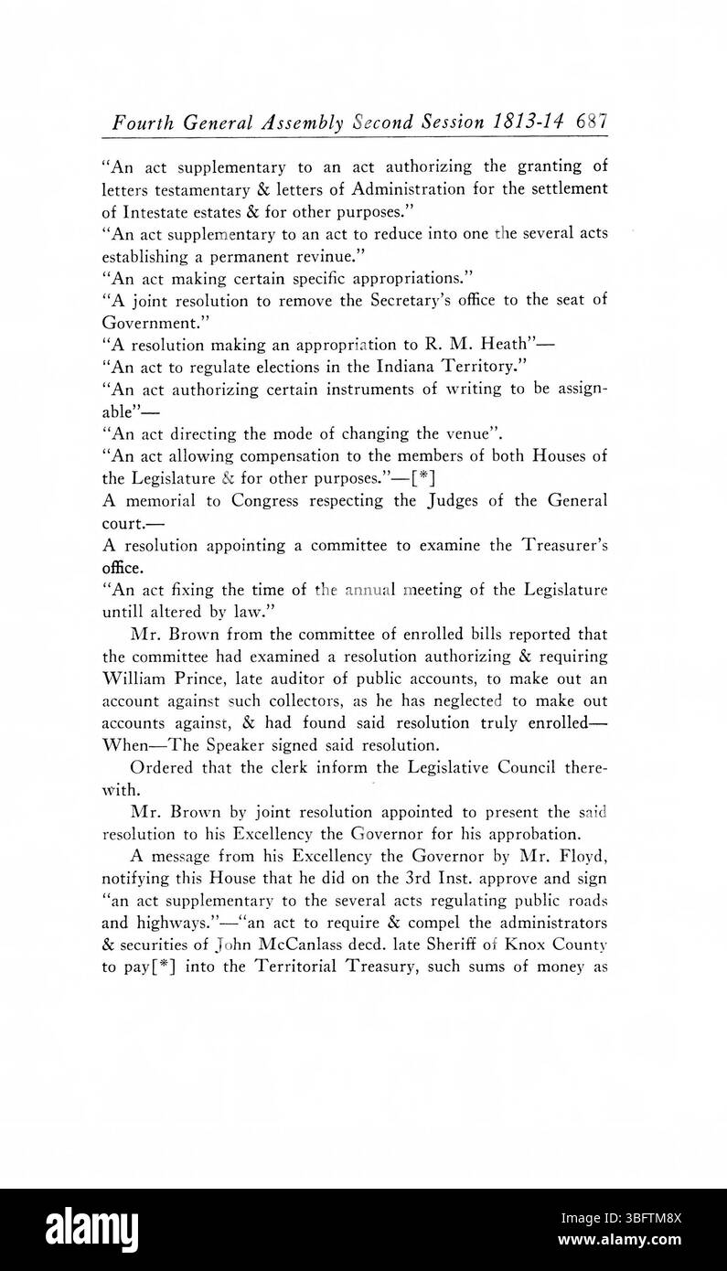 Le riviste documentano i registri ufficiali dell'Assemblea generale del territorio dell'Indiana tra il 1805 e il 1815. Tali procedimenti riguardano azioni legislative, decisioni e discussioni durante questo periodo di governance territoriale. Foto Stock