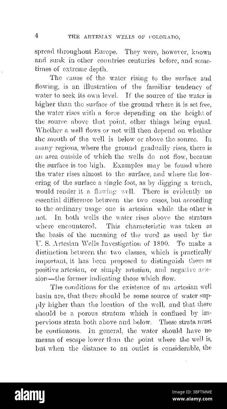 Questo rapporto del 1891 discute il ruolo dei pozzi artesiani in Colorado e il loro impatto sulle pratiche di irrigazione. Essa sottolinea come queste fonti naturali di acqua fossero essenziali per lo sviluppo agricolo della regione durante quel periodo, migliorando l'accesso all'acqua in zone altrimenti aride. Esamina anche le condizioni geologiche favorevoli alla formazione dei pozzi artesiani. Foto Stock
