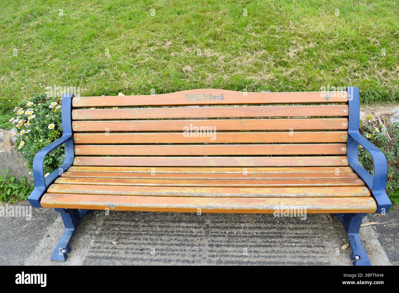 Panchina nel parco con scritta personalizzata e memorabile Happy's bench. Foto Stock