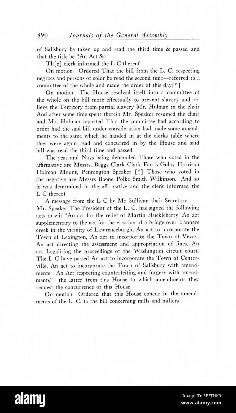 Pagina 900 dei 1805-1815 periodici dell'Assemblea generale del territorio dell'Indiana registra i lavori della legislatura mentre si dirigevano verso le prime sfide politiche in Indiana. Foto Stock
