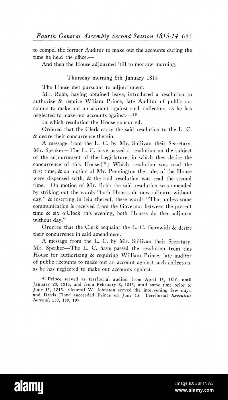 Questa pagina delle riviste riporta le attività dell'Assemblea generale del territorio dell'Indiana tra il 1805 e il 1815. Include resoconti dettagliati di azioni legislative, dibattiti e decisioni nei primi anni della governance dell'Indiana. Foto Stock