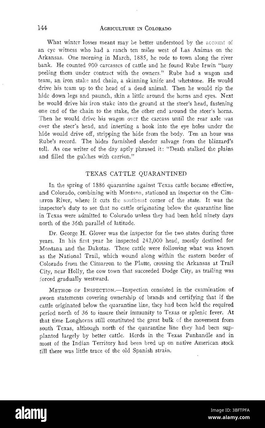 Pagina 144 di "History of Agriculture in Colorado" (1926) continua l'esplorazione scientifica dello sviluppo agricolo del Colorado, con particolare enfasi sul cinquantesimo anniversario dello stato e sul ruolo dei membri della facoltà nel progetto. Foto Stock
