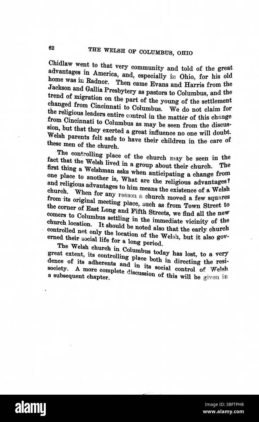 Il reverendo Daniel Jenkins Williams è stato ministro presso la Chiesa metodista calvinistica gallese a Columbus dal 1907 al 1911. Questo studio, pubblicato nel 1913, esplora l'adattamento della comunità gallese alla vita americana, con Williams che ottiene un dottorato di ricerca dalla Ohio State University nel 1914. Foto Stock