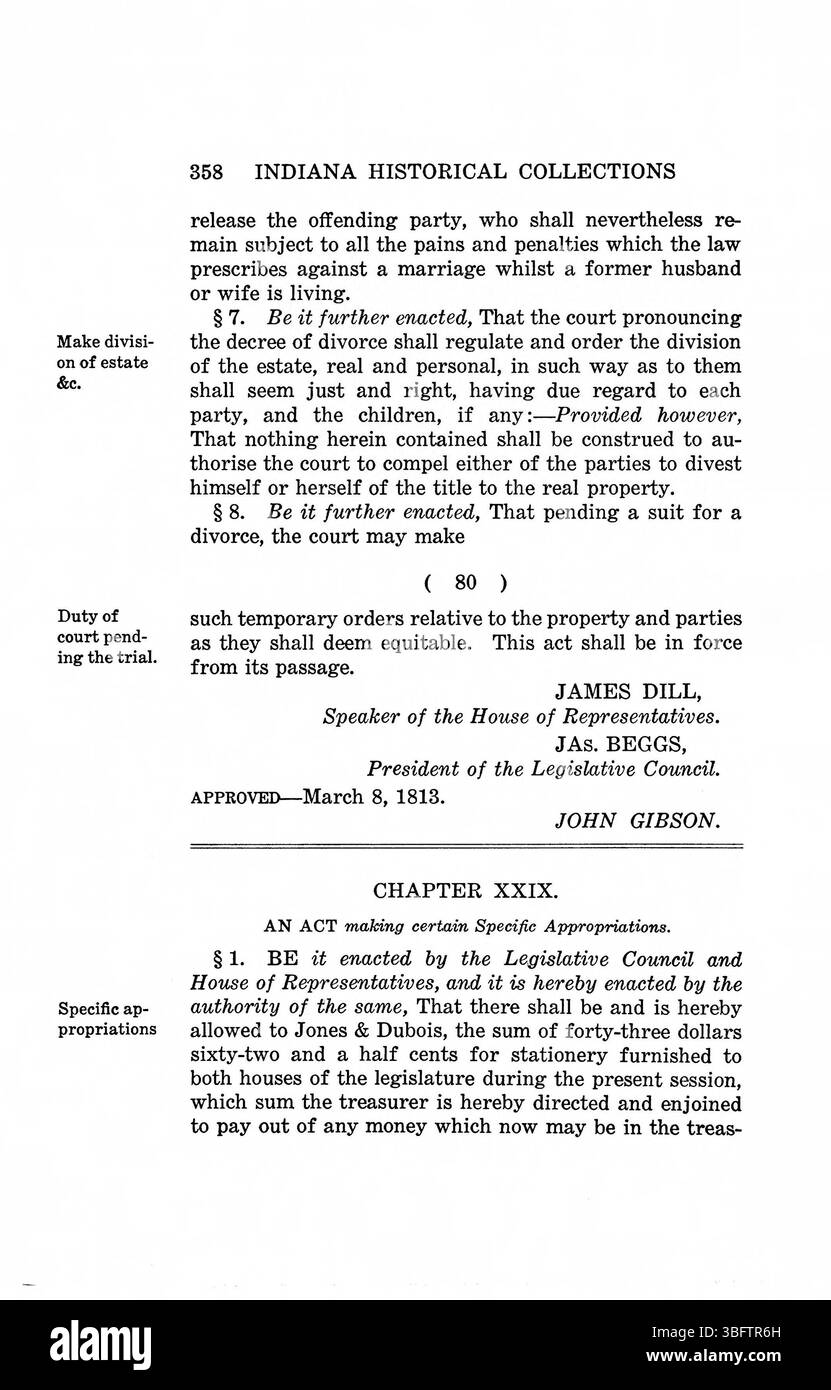 Pagina 372 della compilazione del 1934 “Laws of Indiana Territory, 1809-1816” riproduce gli statuti territoriali adottati dall’Assemblea generale, che documentano le disposizioni giuridiche in materia di tribunali, imposte, dazi della milizia, diritti di proprietà e altre questioni di governance durante il periodo precedente la costituzione dello Stato. Foto Stock