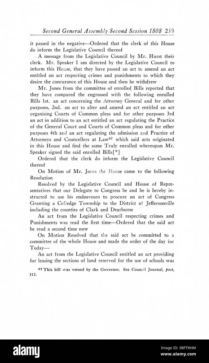 Le riviste del 1805-1815 offrono resoconti dettagliati dei procedimenti legislativi e delle decisioni durante la governance iniziale del territorio dell'Indiana. I registri riflettono la formazione di leggi, dibattiti politici e lo sviluppo dello stato. Foto Stock