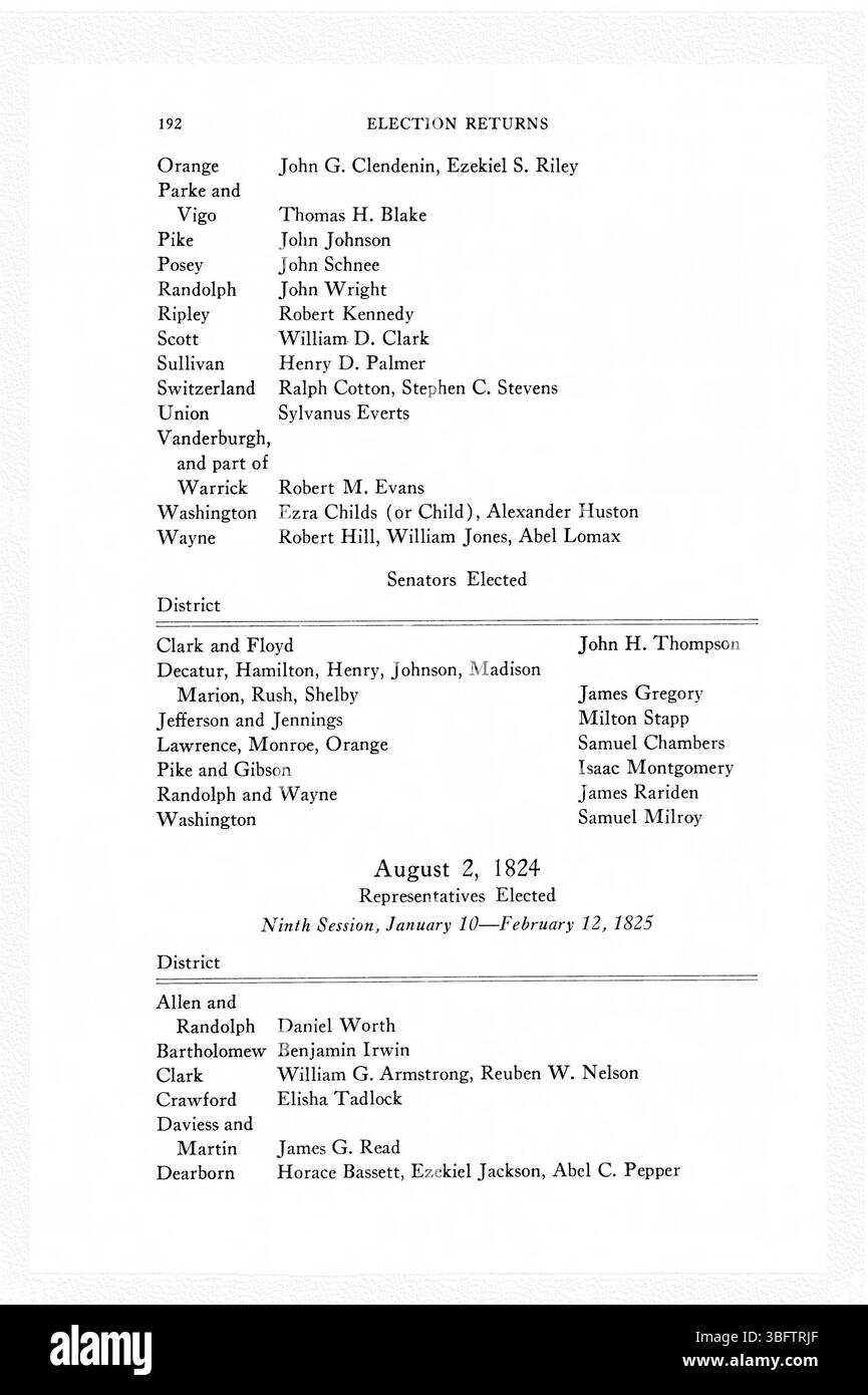 Questa pagina descrive i ritorni elettorali dall'Indiana dal 1816 al 1851, documentando i risultati delle votazioni e i cambiamenti politici che si sono verificati nello stato durante questo periodo. Foto Stock