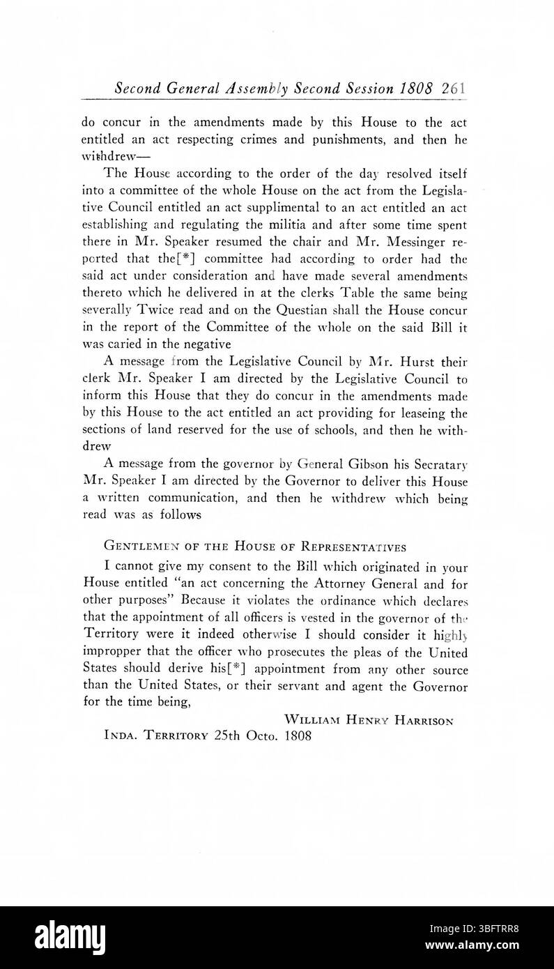 Le riviste del 1805-1815 documentano l'evoluzione dei quadri giuridici e dei dibattiti politici durante lo sviluppo del territorio dell'Indiana. Tali documenti riflettono le fasi iniziali della governance e dei processi legislativi. Foto Stock