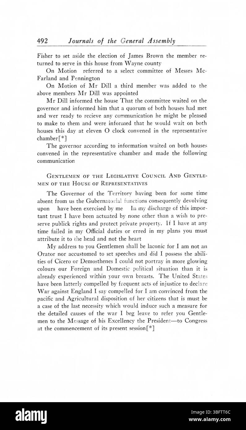 Pagina 502 dei *periodici dell'Assemblea generale del territorio dell'Indiana* (1805-1815) continua a documentare la prima storia legislativa e importanti decisioni durante la formazione del territorio dell'Indiana. Foto Stock