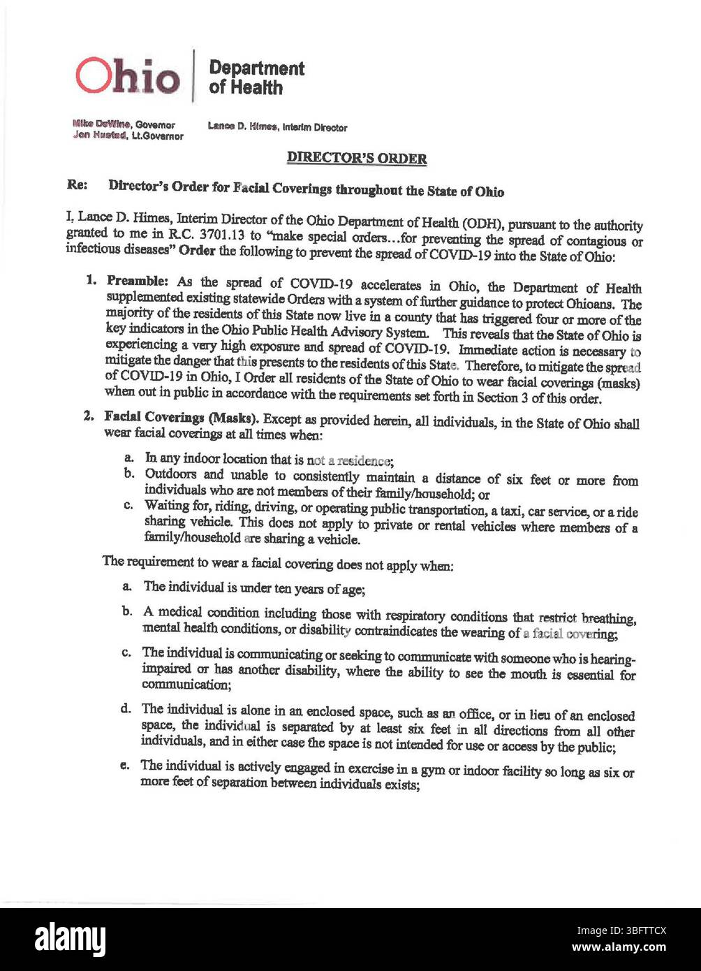Questo ordine del direttore, firmato il 23 luglio 2020, impone l'uso di rivestimenti facciali in tutto l'Ohio per mitigare la diffusione del COVID-19. Foto Stock