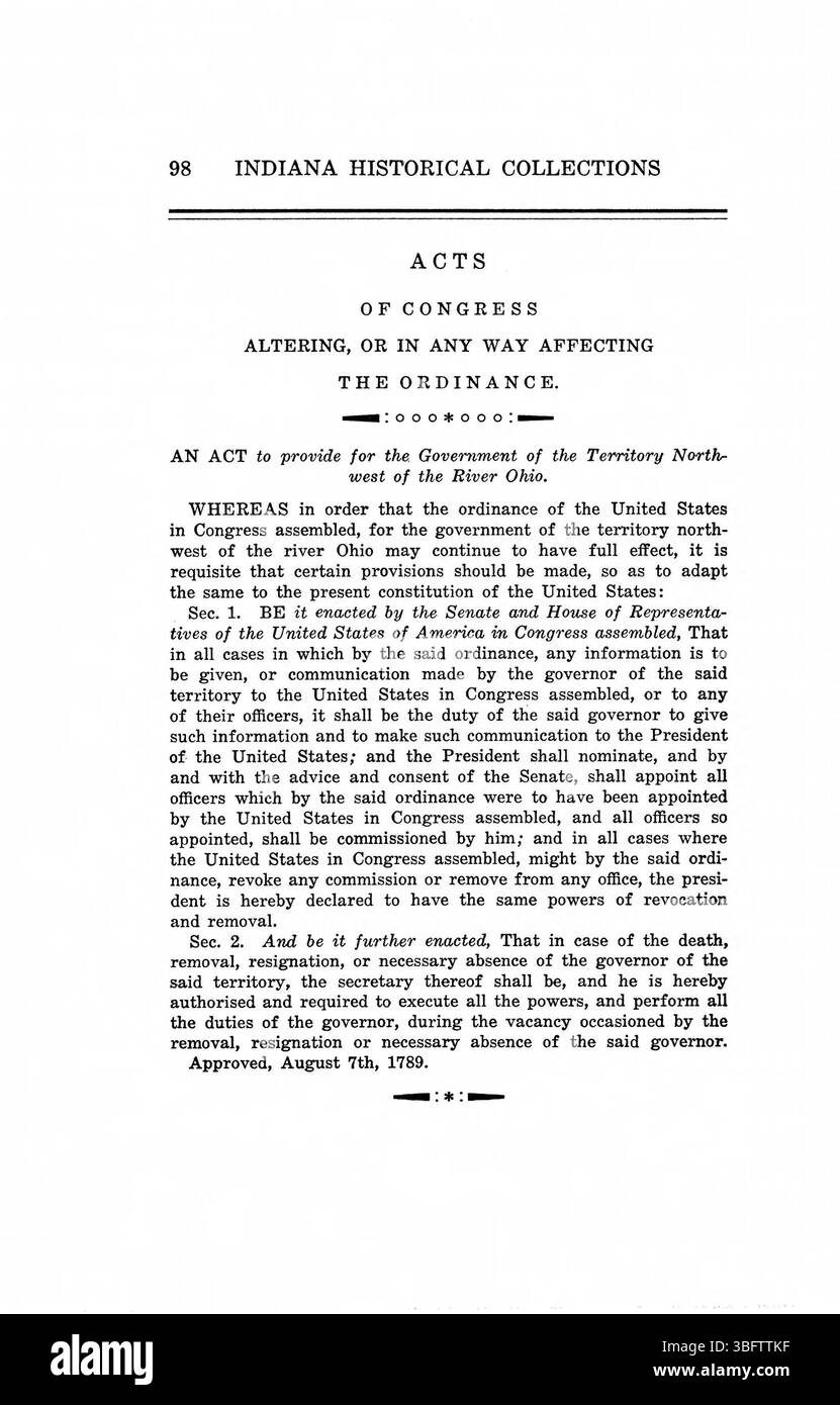 Questa pagina delle leggi del 1809-1816 del territorio dell'Indiana documenta lo sviluppo delle normative legali e il loro impatto sulla governance territoriale. Foto Stock