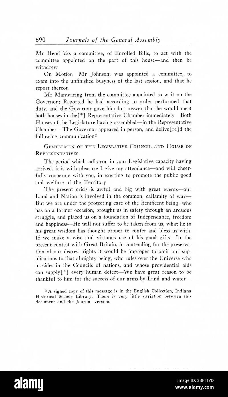 Questa voce nelle riviste contiene documenti dettagliati dell'Assemblea generale del territorio dell'Indiana dal 1805 al 1815, riguardanti discussioni politiche, azioni legislative e governance durante i primi anni territoriali dell'Indiana. Foto Stock