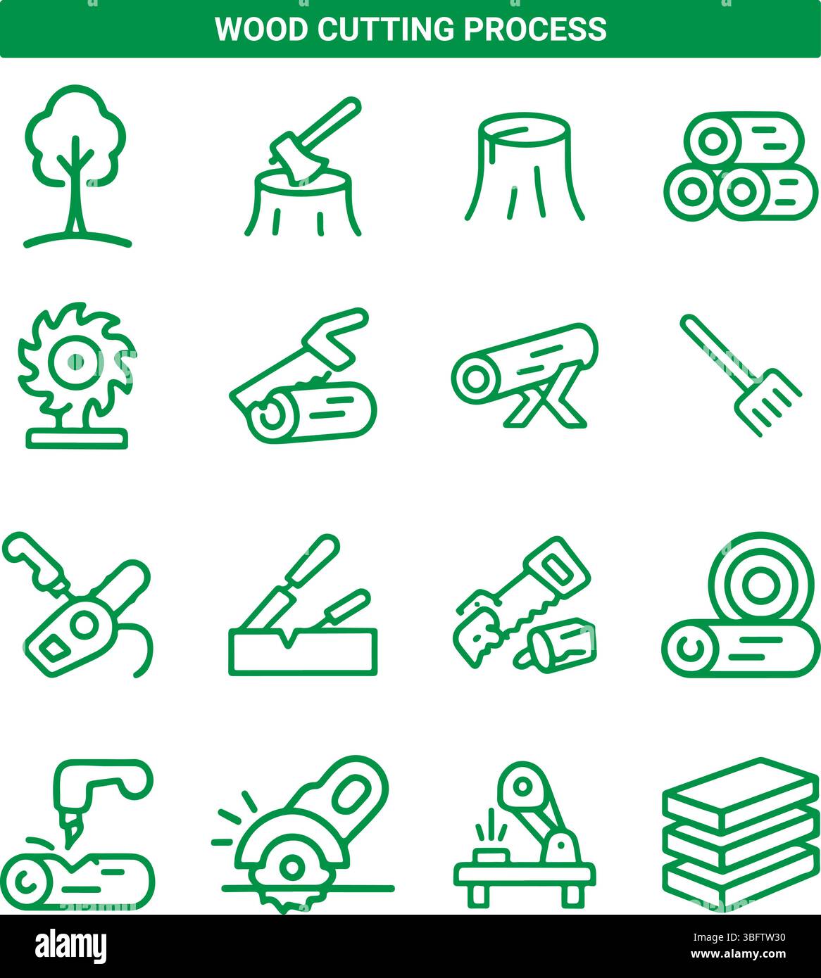 Set icone del processo di taglio del legno Illustrazione Vettoriale