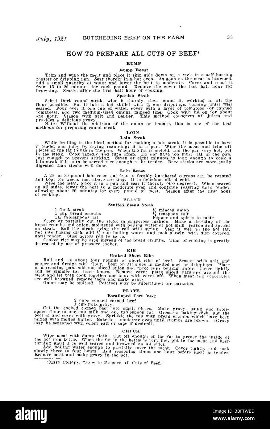 La pagina 23 di "macellazione di manzo nell'azienda agricola" (luglio 1927) fornisce un riepilogo dell'intero processo di macellazione, sottolineando l'importanza di abilità, pulizia e precisione in ogni fase. Foto Stock