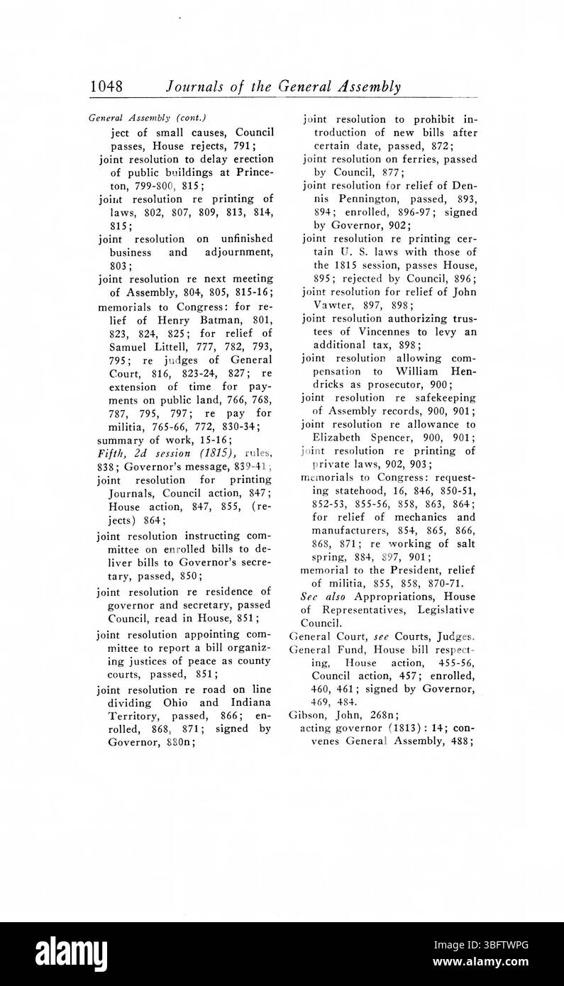 Pagina 1058 dei *1805-1815 periodici dell'Assemblea generale del territorio dell'Indiana* fornisce documenti legislativi che descrivono in dettaglio l'avanzamento di leggi, leggi e altre importanti azioni intraprese dall'assemblea territoriale tra il 1805 e il 1815. Foto Stock