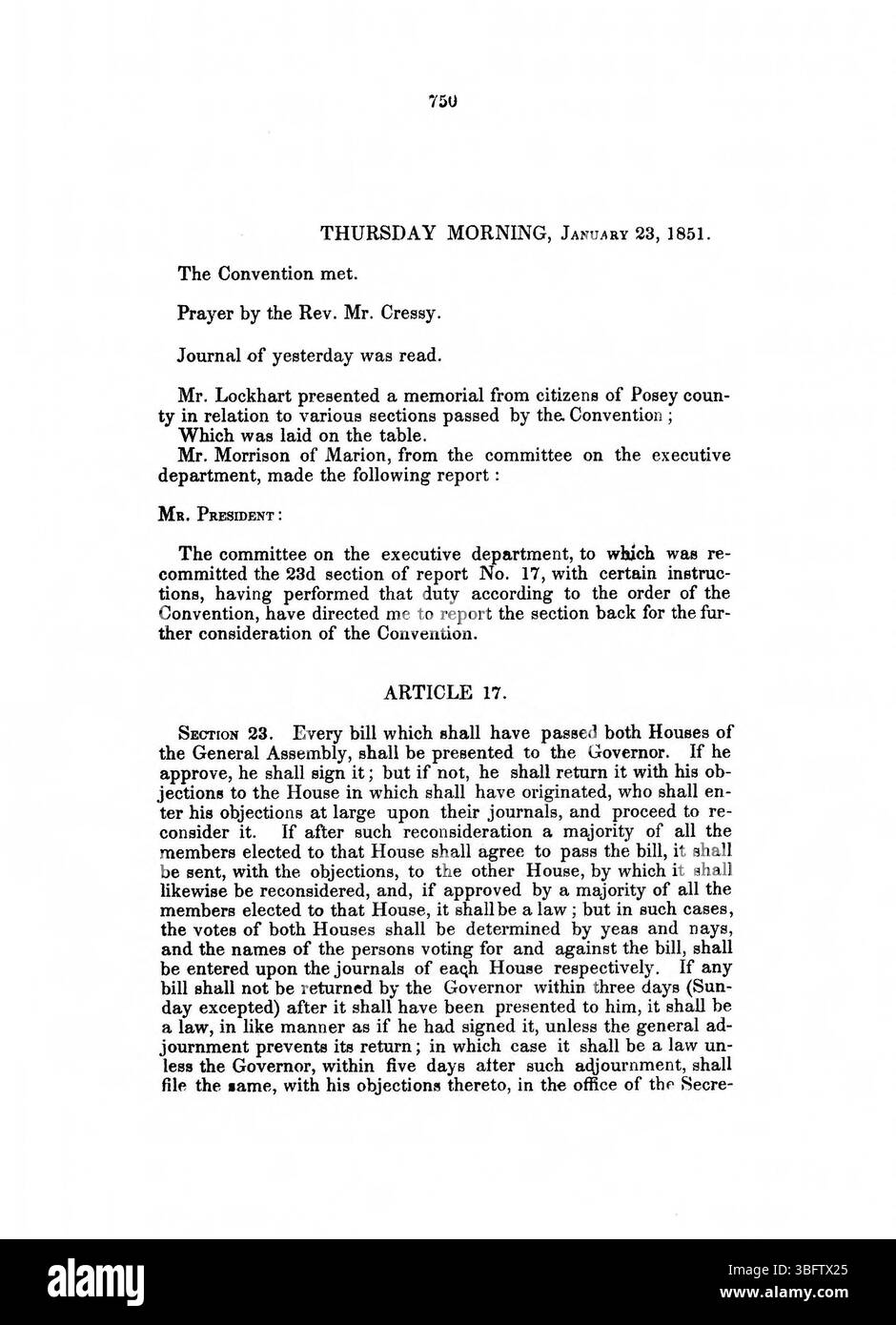 Pagina 751 del 1850 Journal of the Indiana Constitutional Convention raccoglie ulteriori deliberazioni sugli emendamenti proposti durante la convenzione, riflettendo l'evoluzione del panorama politico dello stato. Foto Stock