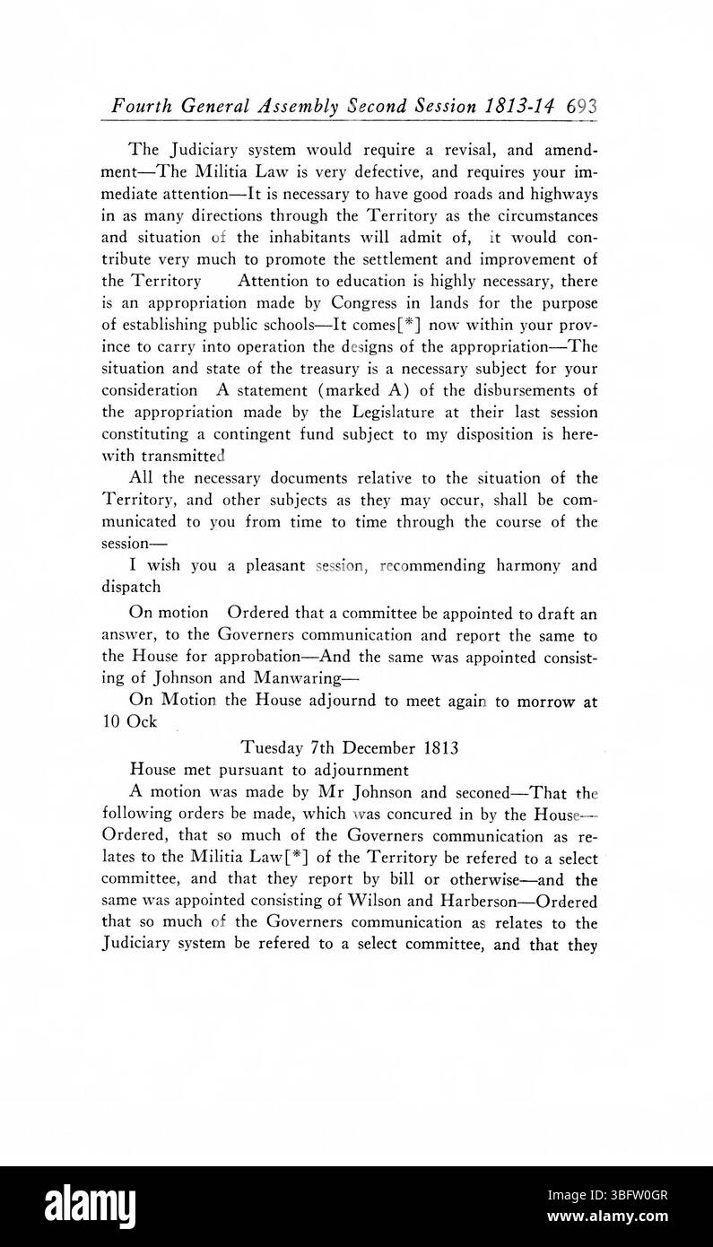 Le riviste registrano i lavori ufficiali dell'Assemblea generale del territorio dell'Indiana tra il 1805 e il 1815, comprese le azioni legislative, i dibattiti e le decisioni che hanno plasmato il governo dell'Indiana. Foto Stock