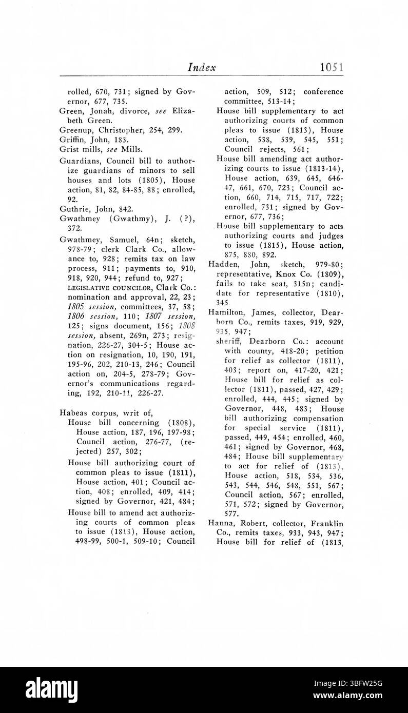 Pagina 1061 dei *1805-1815 periodici dell'Assemblea generale del territorio dell'Indiana* fornisce un resoconto dettagliato di leggi, decisioni e discussioni politiche durante i primi anni della legislatura territoriale dell'Indiana. Foto Stock