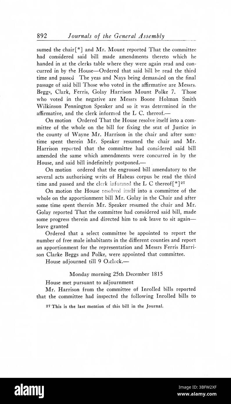 Pagina 902 dei 1805-1815 periodici dell'Assemblea generale del territorio dell'Indiana si concentra su importanti decisioni legislative che hanno contribuito a stabilire il quadro politico dell'Indiana. Foto Stock