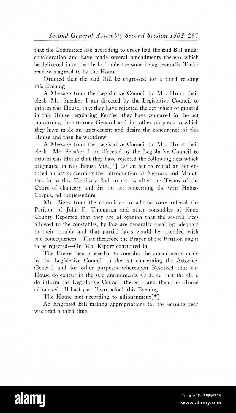 Le 1805-1815 riviste registrano le deliberazioni e le decisioni prese dall'Assemblea generale del territorio dell'Indiana. Questi documenti catturano il processo legislativo, le decisioni politiche e lo sviluppo della governance durante il primo periodo territoriale. Foto Stock