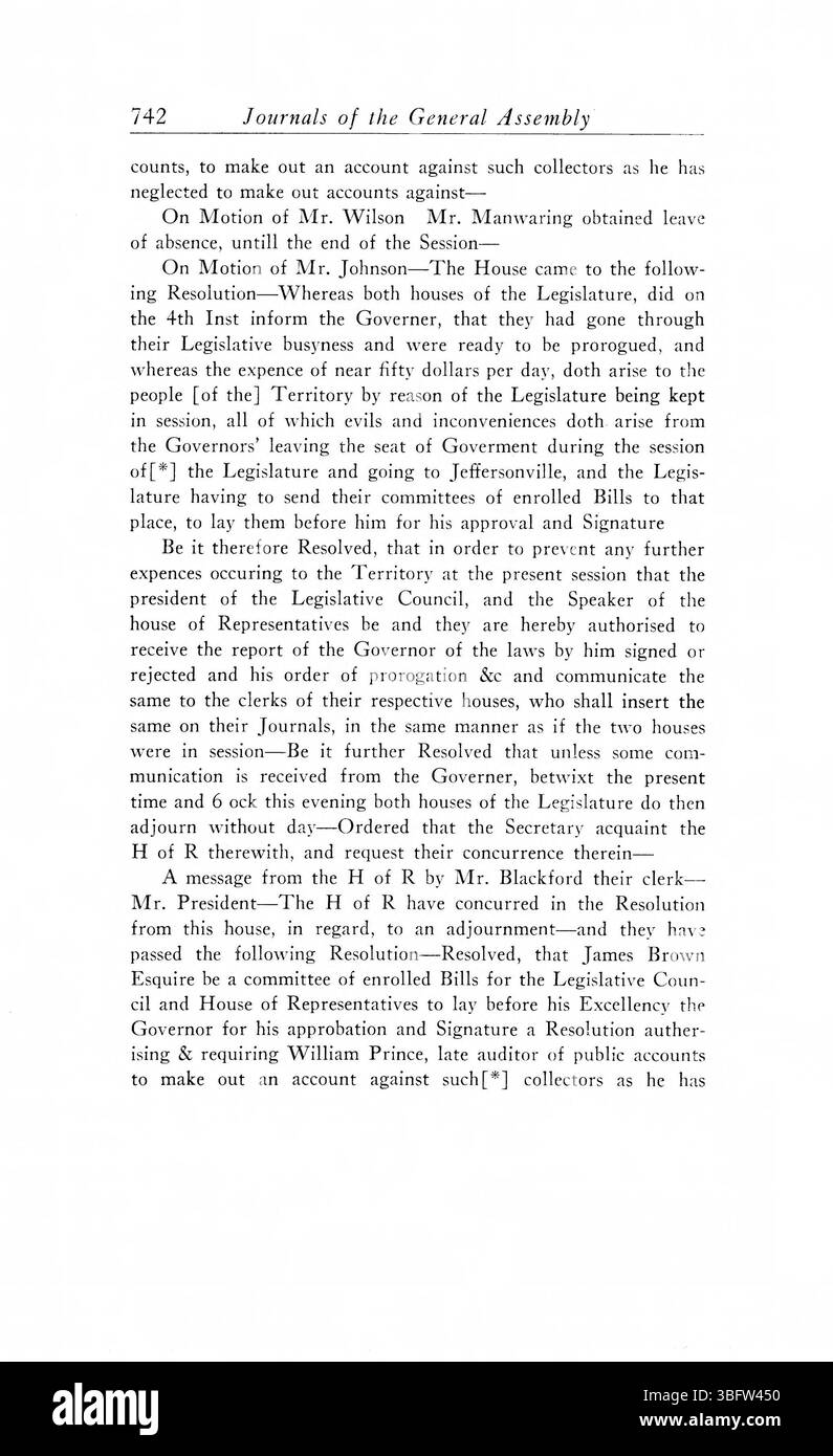 Pagina 752 delle 1805-1815 riviste dell'Assemblea generale del territorio dell'Indiana fornisce resoconti dettagliati delle azioni legislative e delle decisioni prese durante il primo governo territoriale dell'Indiana. Foto Stock