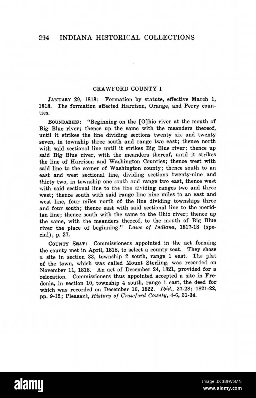 La pagina 310 di *Indiana Boundaries* (1967) copre ulteriori sviluppi nei confini politici e territoriali dell'Indiana, evidenziando casi giuridici e decisioni governative significativi, accompagnati da mappe e riferimenti archivistici. Foto Stock