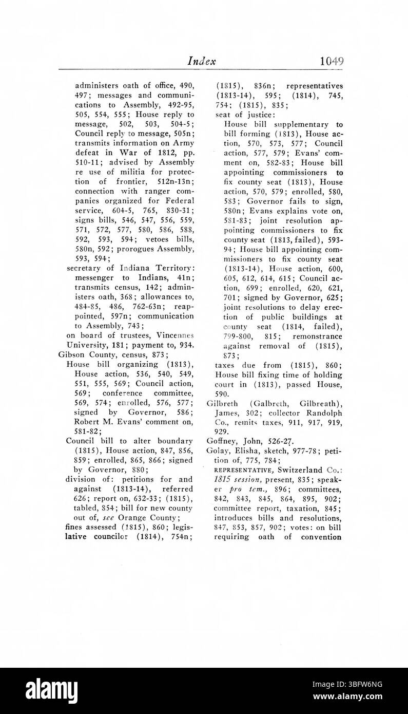 Pagina 1059 dei *1805-1815 periodici dell'Assemblea generale del territorio dell'Indiana* include resoconti dettagliati della legislazione, del discorso politico e delle decisioni prese dall'assemblea durante il primo periodo territoriale dell'Indiana. Foto Stock