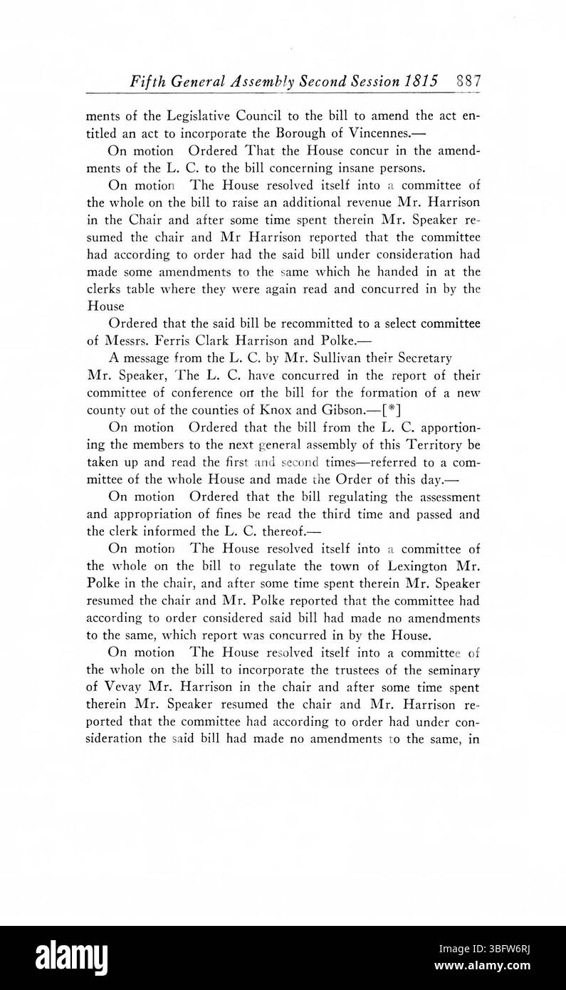 Pagina 897 dei 1805-1815 periodici dell'Assemblea generale del territorio dell'Indiana cattura le discussioni e le decisioni che hanno plasmato il primo governo dell'Indiana. Foto Stock