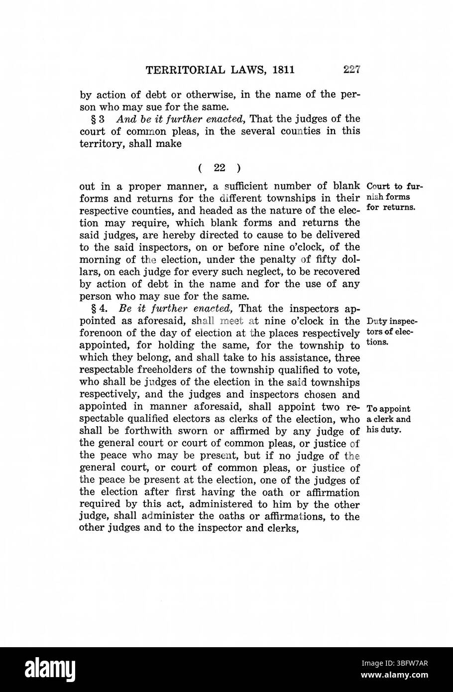 Pagina 242 di "The Laws of Indiana Territory, 1809-1816" continua con il quadro giuridico dell'Indiana dall'inizio del XIX secolo, con un elenco di ufficiali territoriali, delegati e giudici dal 1800 al 1816, nonché una prefazione del governatore Paul V. McNutt e un indice. Foto Stock