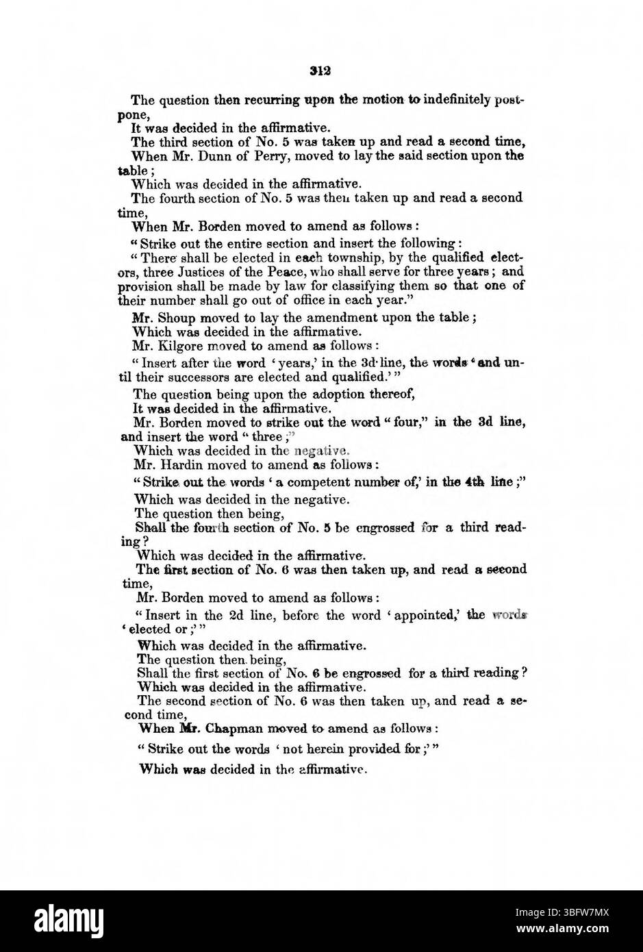 Pagina 313 documenta le deliberazioni sulla rappresentanza e sui diritti di voto durante il processo di revisione costituzionale dell'Indiana del 1850. Foto Stock