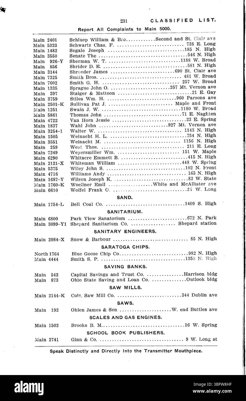 Questa pagina del 1906 Columbus Central Union Telephone Company Directory presenta un elenco alfabetico degli abbonati, con dettagli sia sulle residenze private che sulle attività commerciali locali a Columbus. Foto Stock