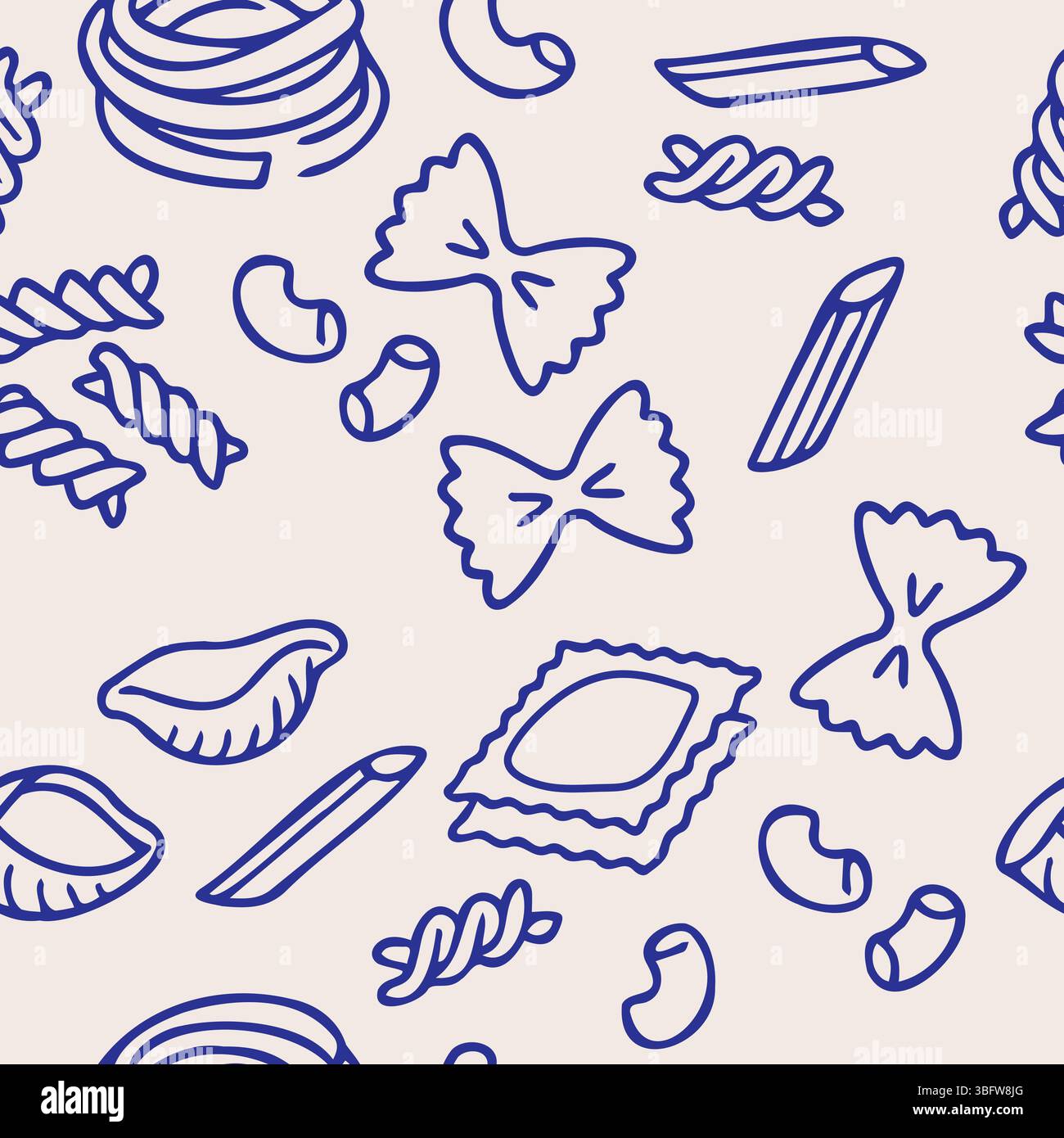 Pasta trafilata a mano senza cuciture con varie forme di spaghetti come farfalle, penne, fusilli, ravioli e conchiglie con linee blu su una luce Illustrazione Vettoriale