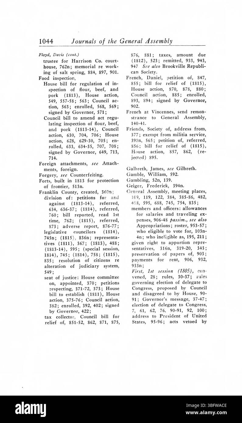 Pagina 1054 dei *1805-1815 periodici dell'Assemblea generale del territorio dell'Indiana* contiene i registri delle prime riunioni legislative, fornendo informazioni sul processo decisionale e sugli sviluppi politici nel territorio dell'Indiana. Foto Stock