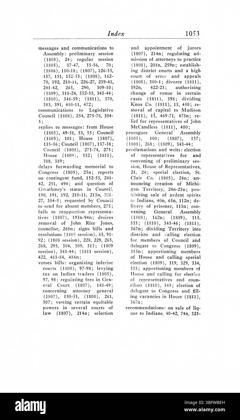 Pagina 1063 dei *1805-1815 periodici dell'Assemblea generale del territorio dell'Indiana* include eventi politici significativi, decisioni e proposte di legge approvate durante il primo sviluppo del governo dell'Indiana. Foto Stock