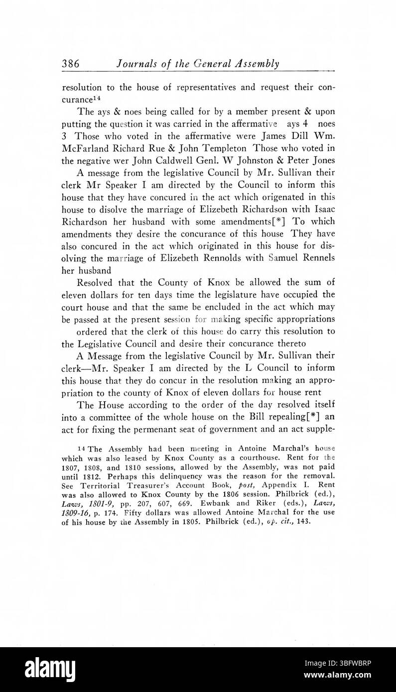 Pagina 396 delle 1805-1815 riviste dell'Assemblea generale del territorio dell'Indiana copre le discussioni legislative, le risoluzioni e le decisioni prese durante il periodo di governo territoriale. Foto Stock