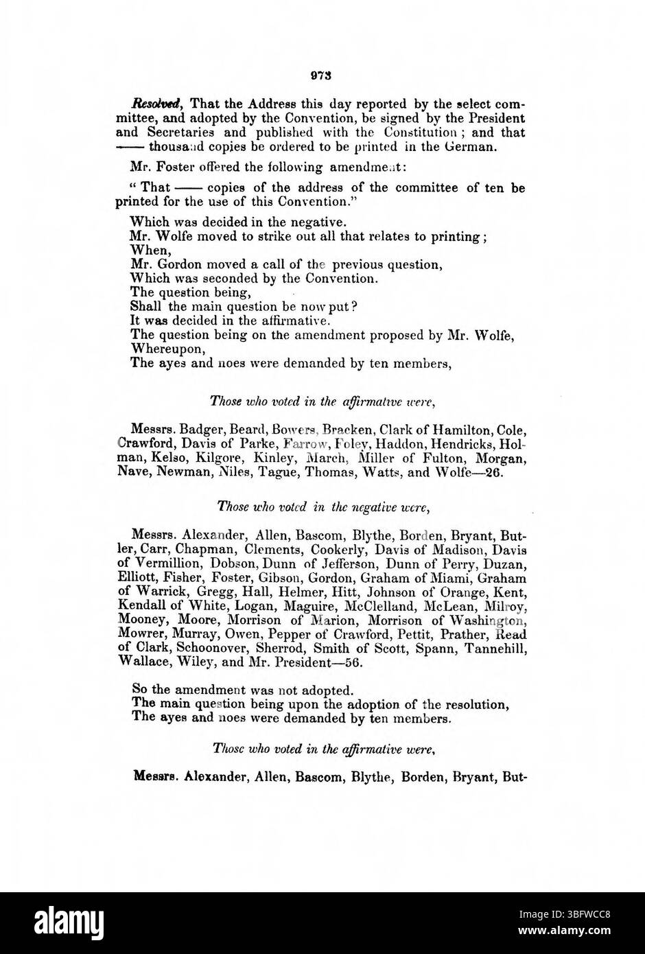 Pagina 974 del *1850 Journal of the Convention of the People of the State of Indiana* discute il processo con cui i delegati hanno votato gli emendamenti proposti, descrivendo dettagliatamente i risultati e le implicazioni per il futuro governo dell'Indiana. Foto Stock