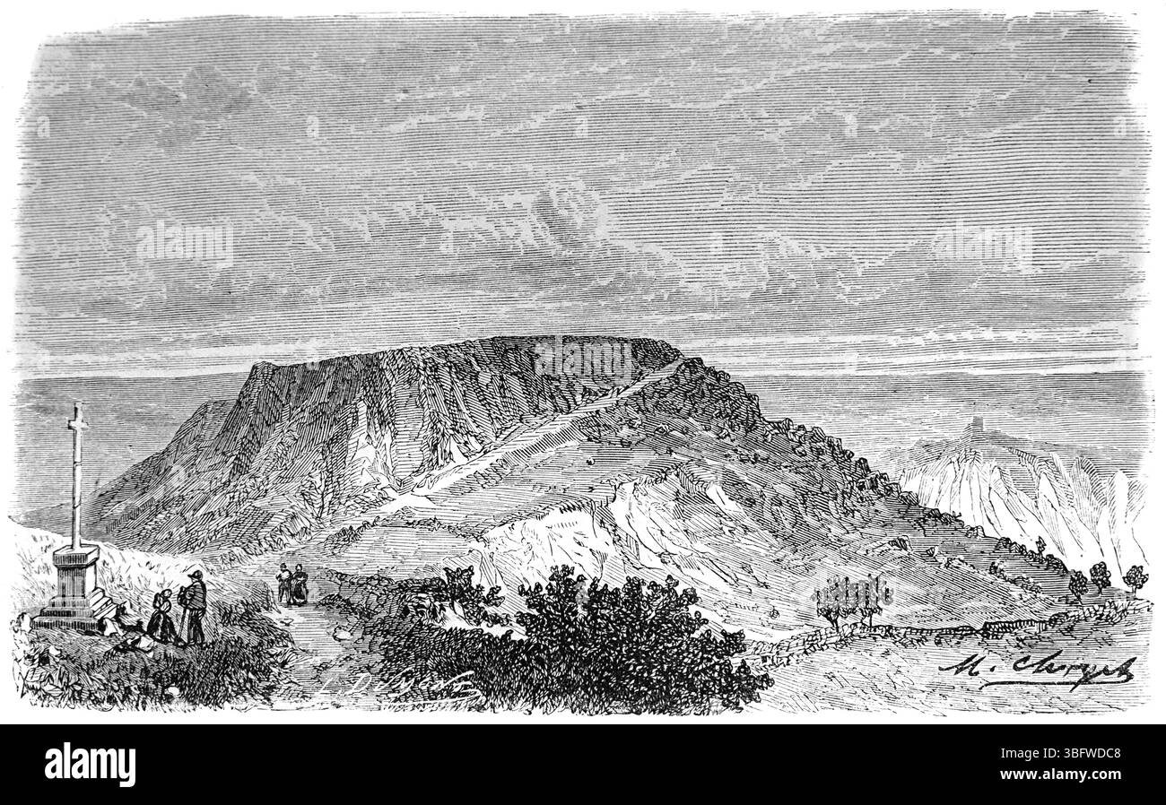 L'Altopiano di Gergovie basalto e calcare, visto dal col des Goules, massiccio centrale, Puy de Dome, Alvernia, Francia. Incisione vintage o storica o illustrazione 1866 Foto Stock