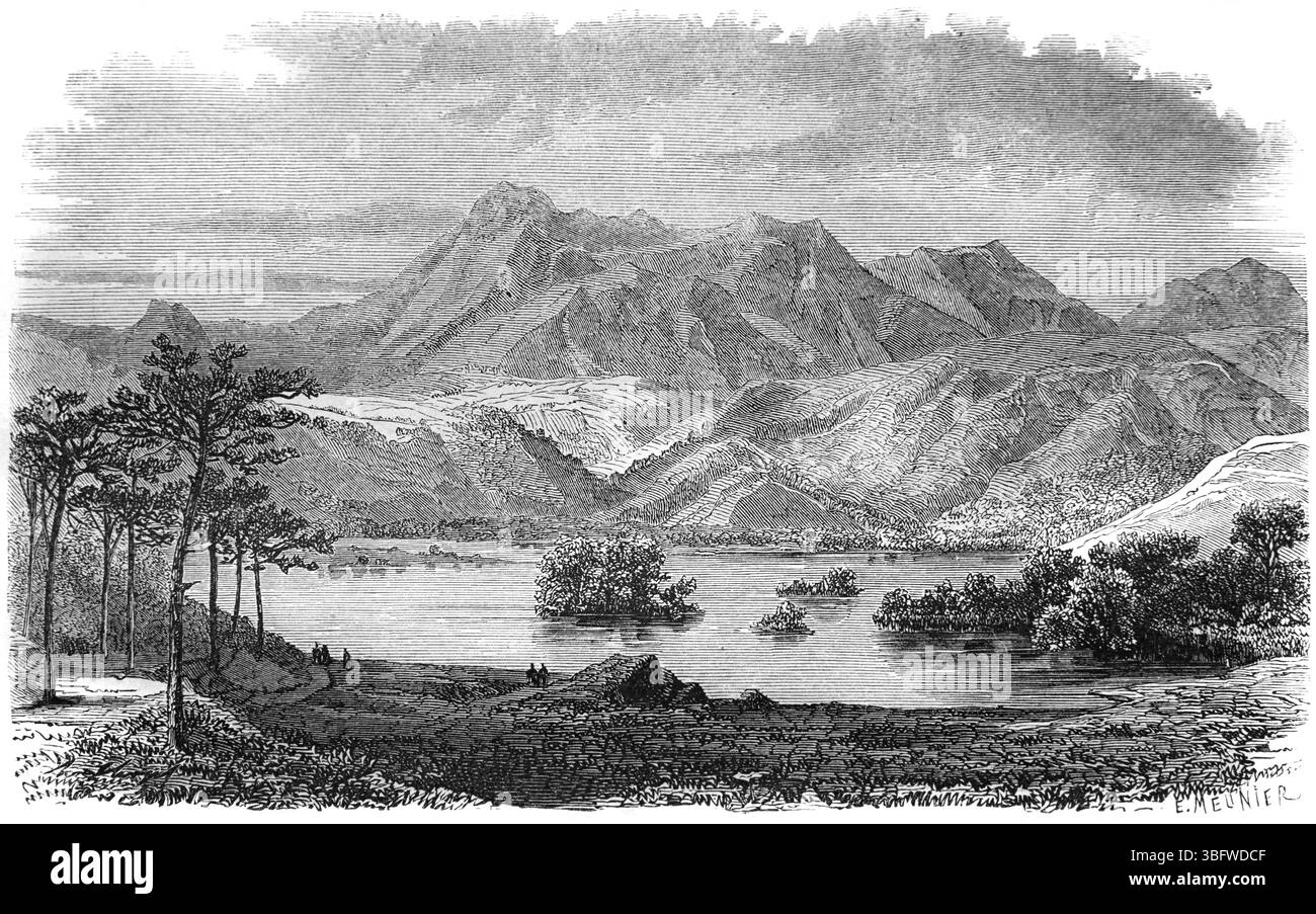 Il lago vulcanico del cratere, il lago Lac Chambon o il lago Chambon, Chambon-sur-Lac, nel massiccio di monts Dore, Puy-de-Dôme, Francia centrale. Incisione vintage o storica o illustrazione 1866 Foto Stock