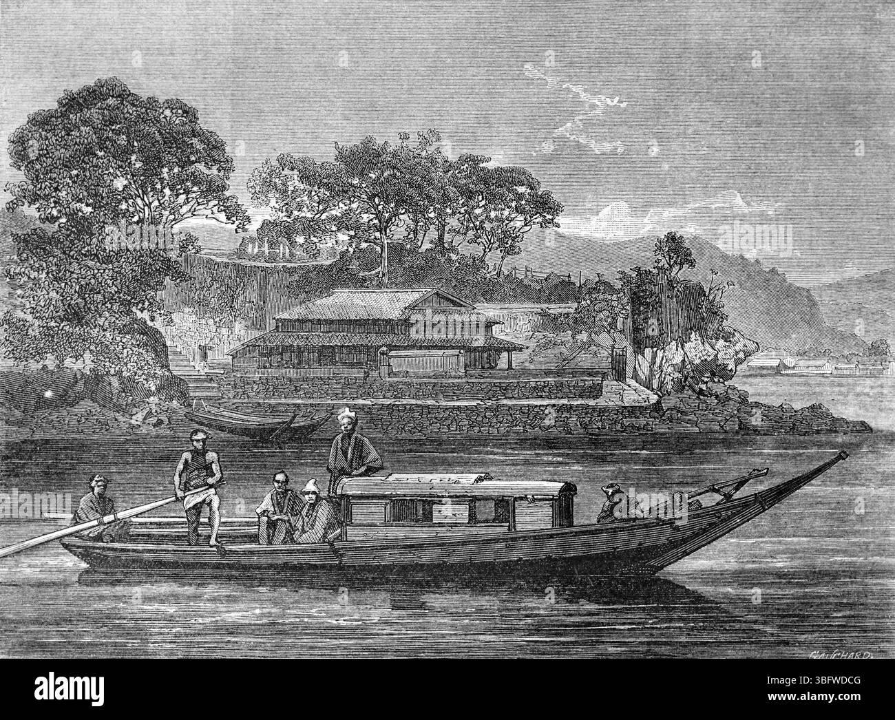 Un Sampan, o barca di legno a fondo piatto in Giappone, ma la barca si trova in tutta l'Asia orientale, meridionale e meridionale. Incisione vintage o storica o illustrazione 1866 Foto Stock