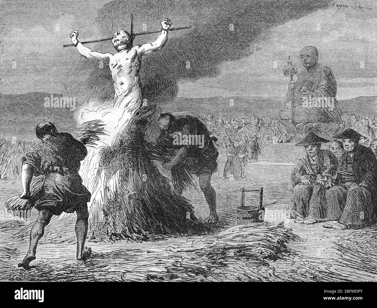 Bruciare sul rogo o torturare da fuoco in Giappone. Incisione vintage o storica o illustrazione 1866 Foto Stock