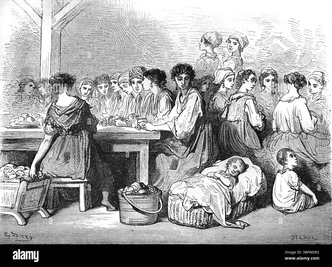 Donne spagnole che producono sigarette o sigarette rotolanti nella fabbrica di sigarette Siviglia Spagna. Incisione vintage o storica o illustrazione di Gustave Doré 1866 Foto Stock