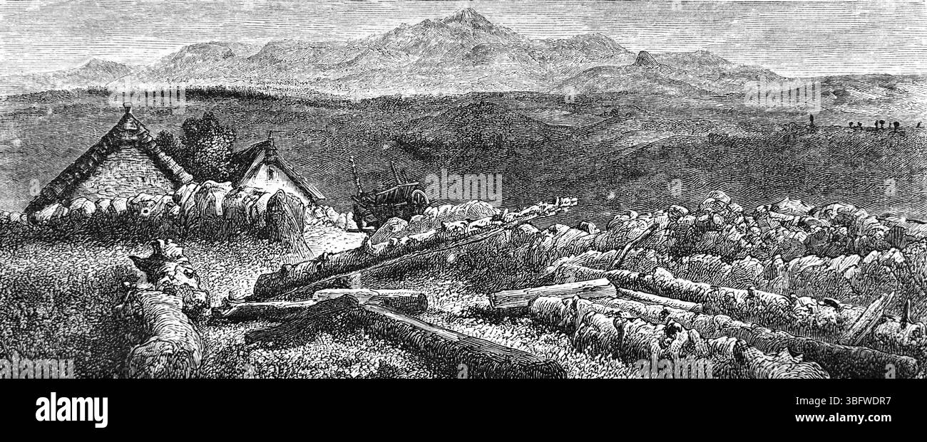 Paesaggio rurale caotico, paesaggio vulcanico o paesaggio roccioso, soprannominato i campi o pianure della Catalogna, in Alvernia Francia; incisione o illustrazione d'epoca o storica 1866 Foto Stock